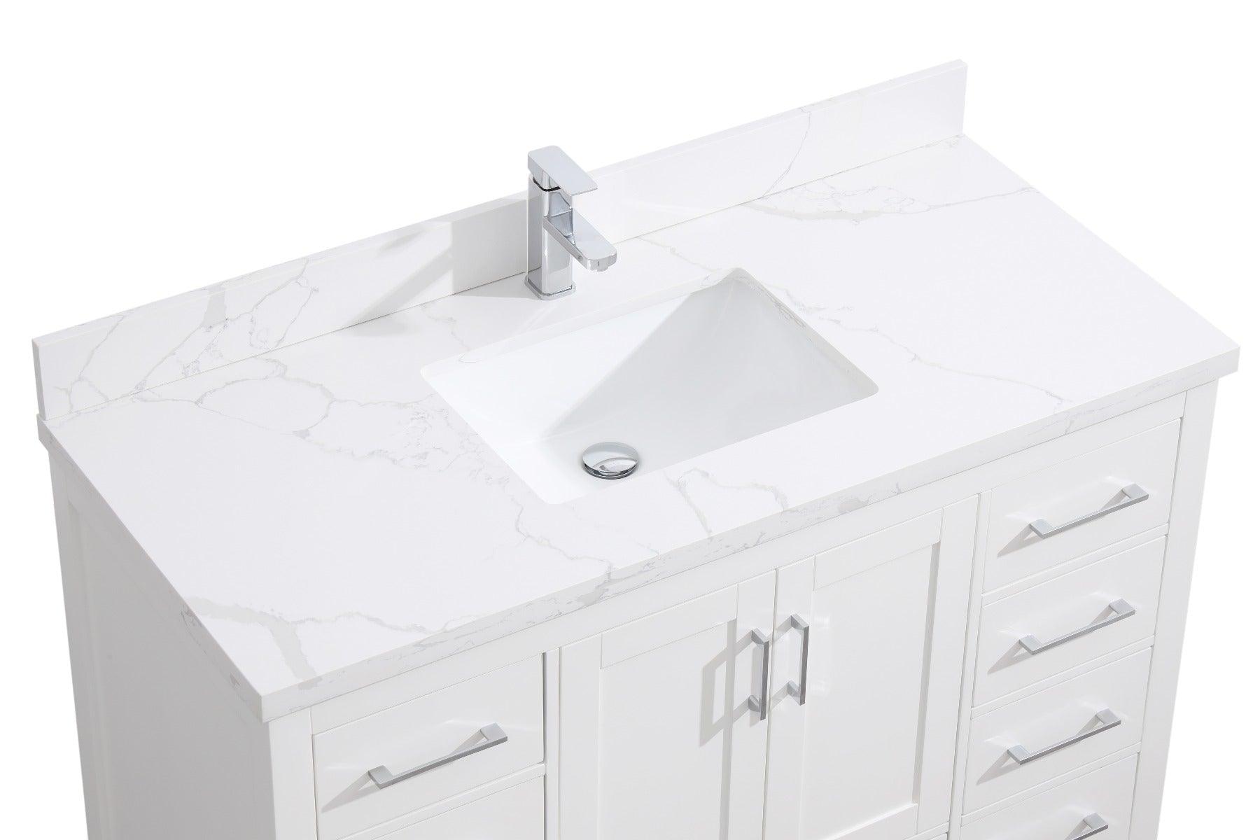 48" White Freestanding Single Sink Bathroom Vanity with Calcutta Quartz Countertop – Image 4