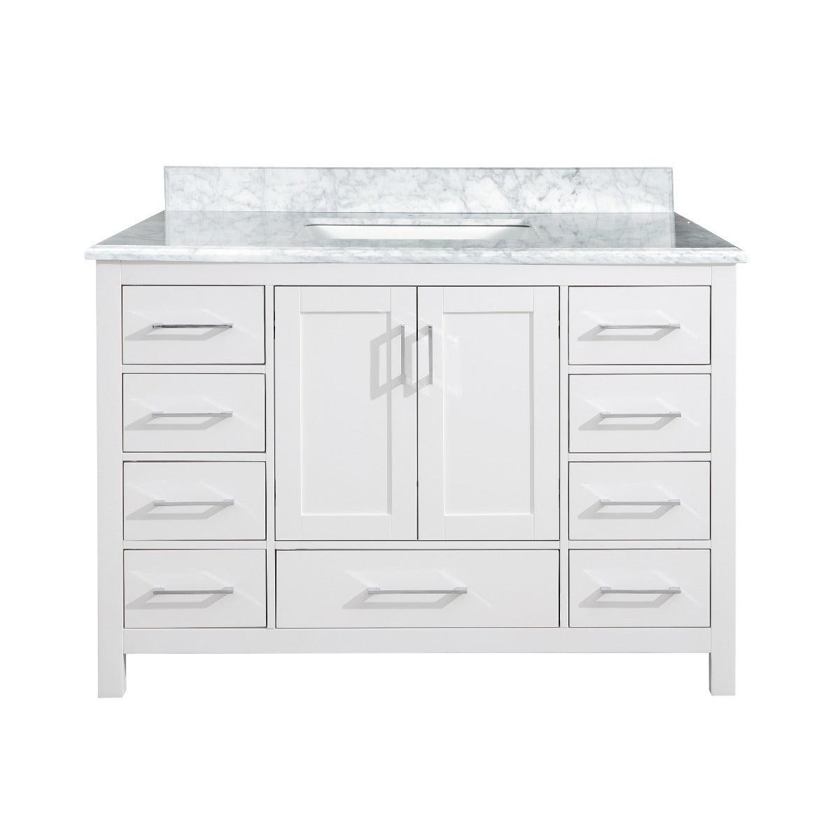 48" White Freestanding Single Sink Bathroom Vanity with Carrera Marble Countertop – Image 2