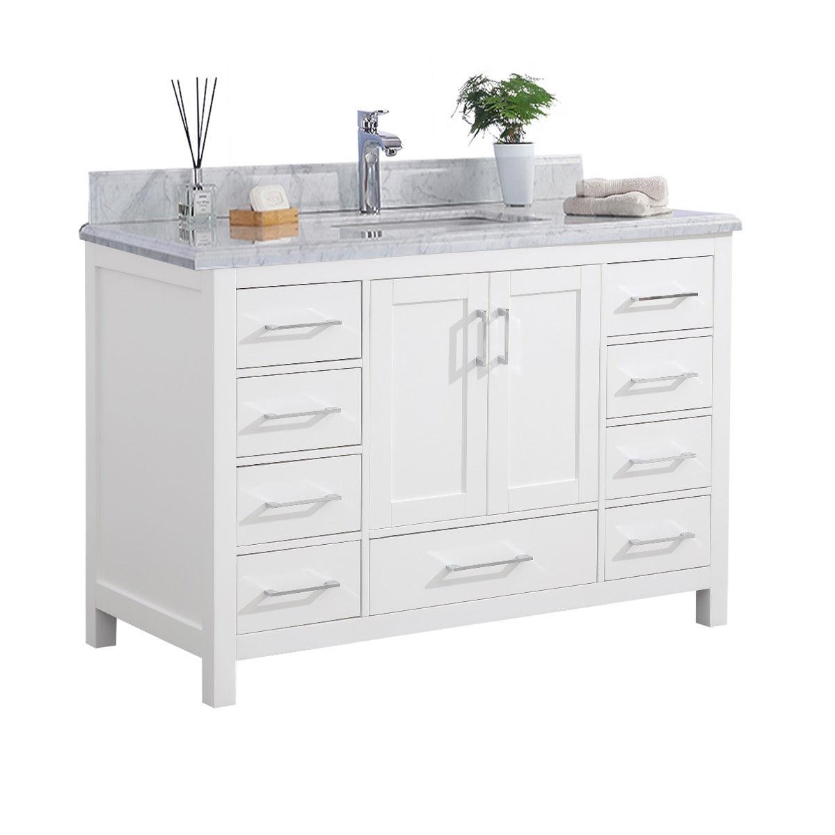48" White Freestanding Single Sink Bathroom Vanity with Carrera Marble Countertop - Image 3