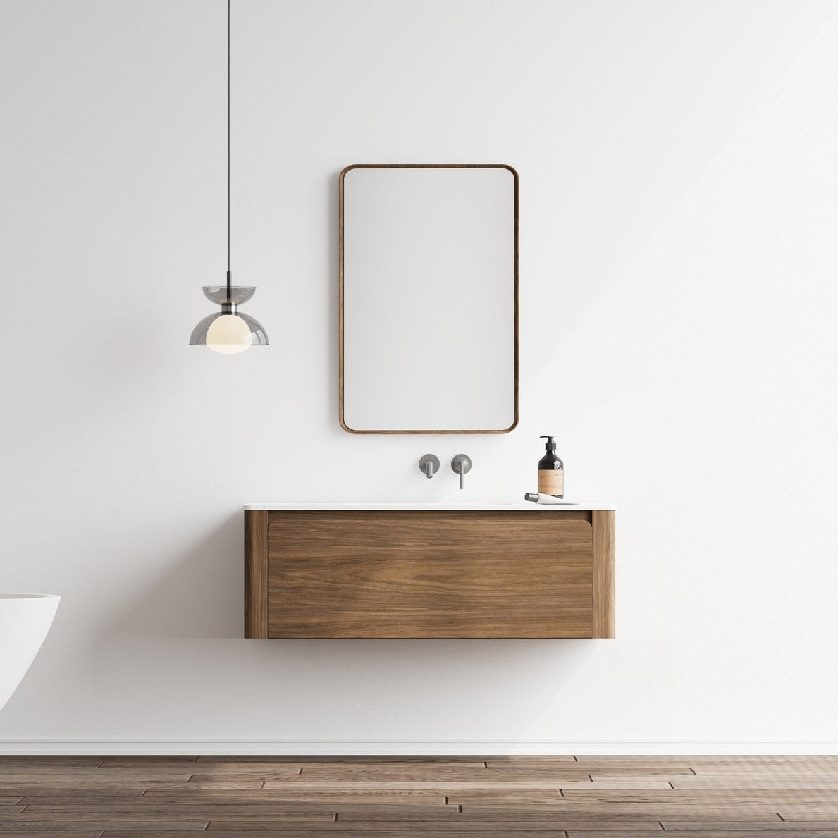 48" Walnut Wall Mount Single Sink Bathroom Vanity with Matte White Solid Surface Countertop Fairview - Image 1