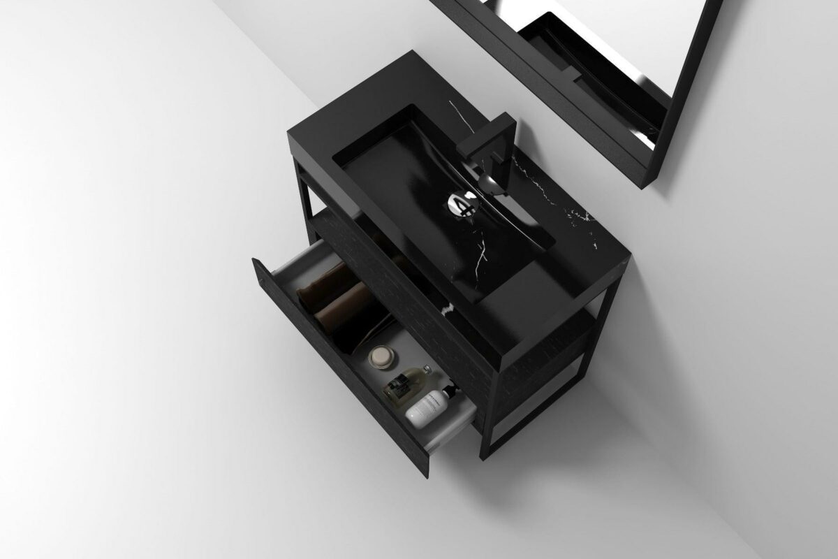 36" Black Oak Freestanding Bathroom Vanity with Black Marble Countertop – Image 6