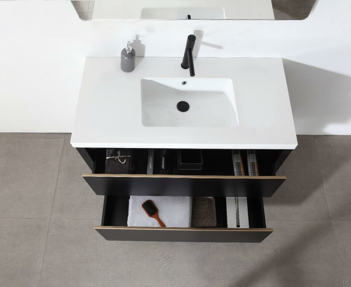42" Black Freestanding Single Sink Bathroom Vanity with White Quartz Countertop – Image 4