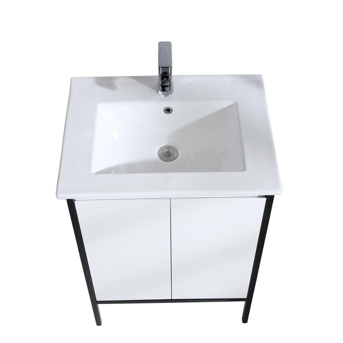 24" White & Black Frame Freestanding Single Sink Bathroom Vanity with White Ceramic Countertop – Image 5