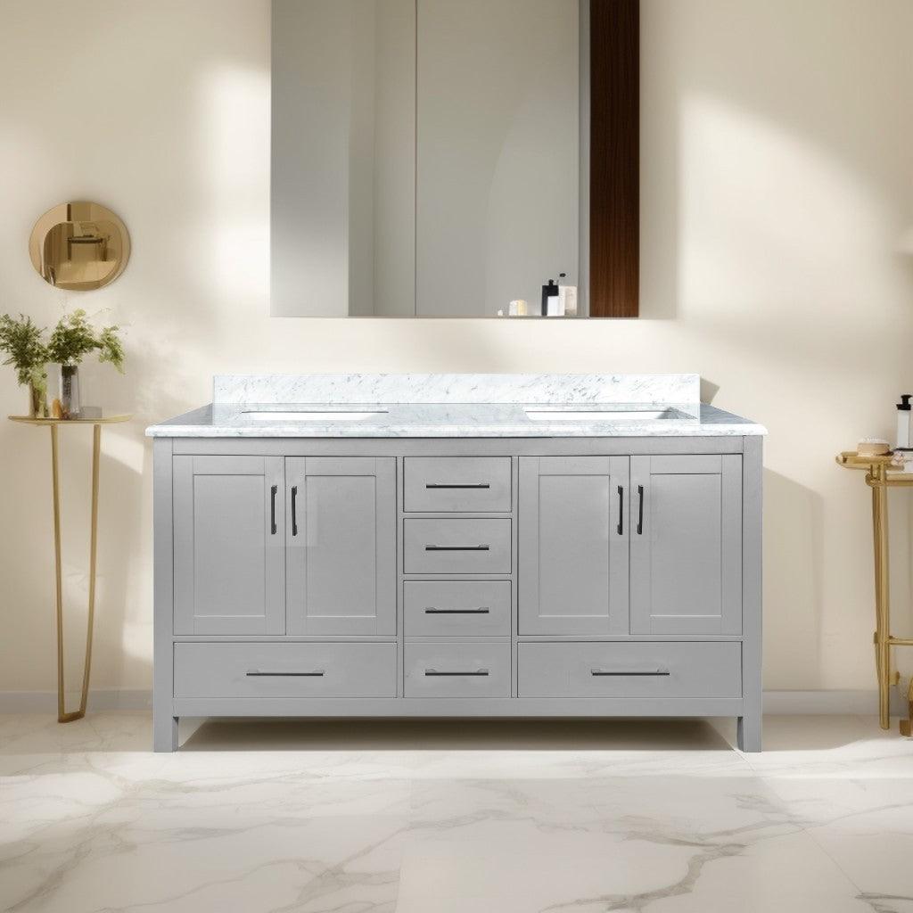 60" Light Grey Freestanding Double Sink Bathroom Vanity with Carrera Marble Countertop - Image 1