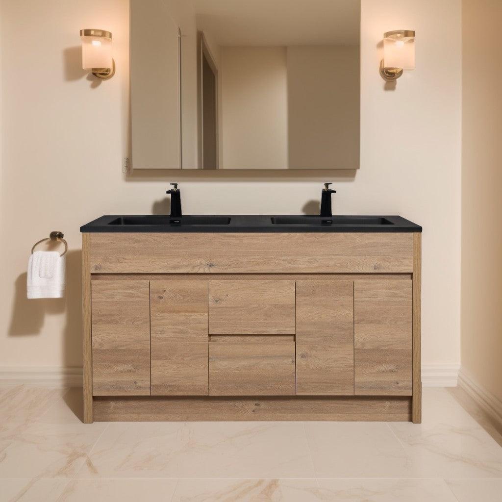60" Rough Oak Freestanding Double Sink Bathroom Vanity with Black Engineered Quartz Countertop – Image 1