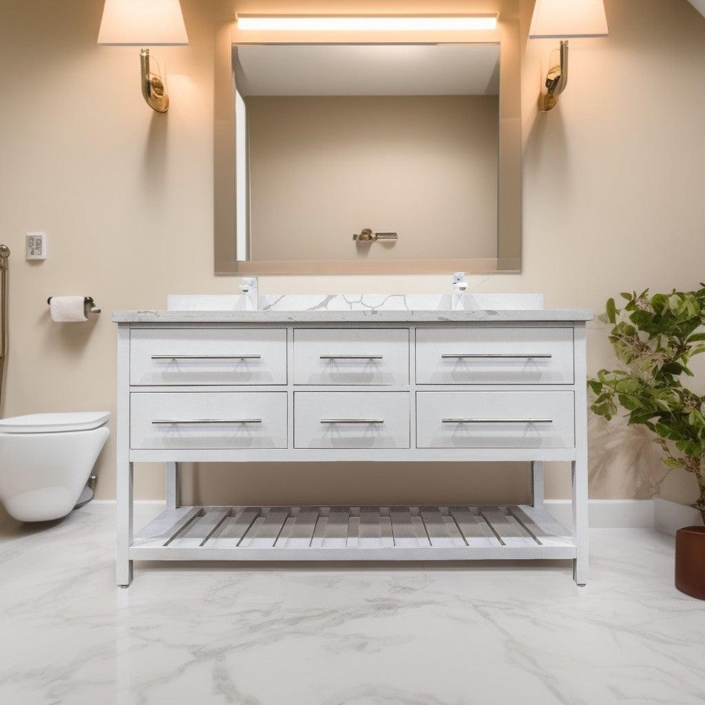 60" White Freestanding Double Sink Bathroom Vanity with Calcutta Quartz Countertop Fiory – Image 1