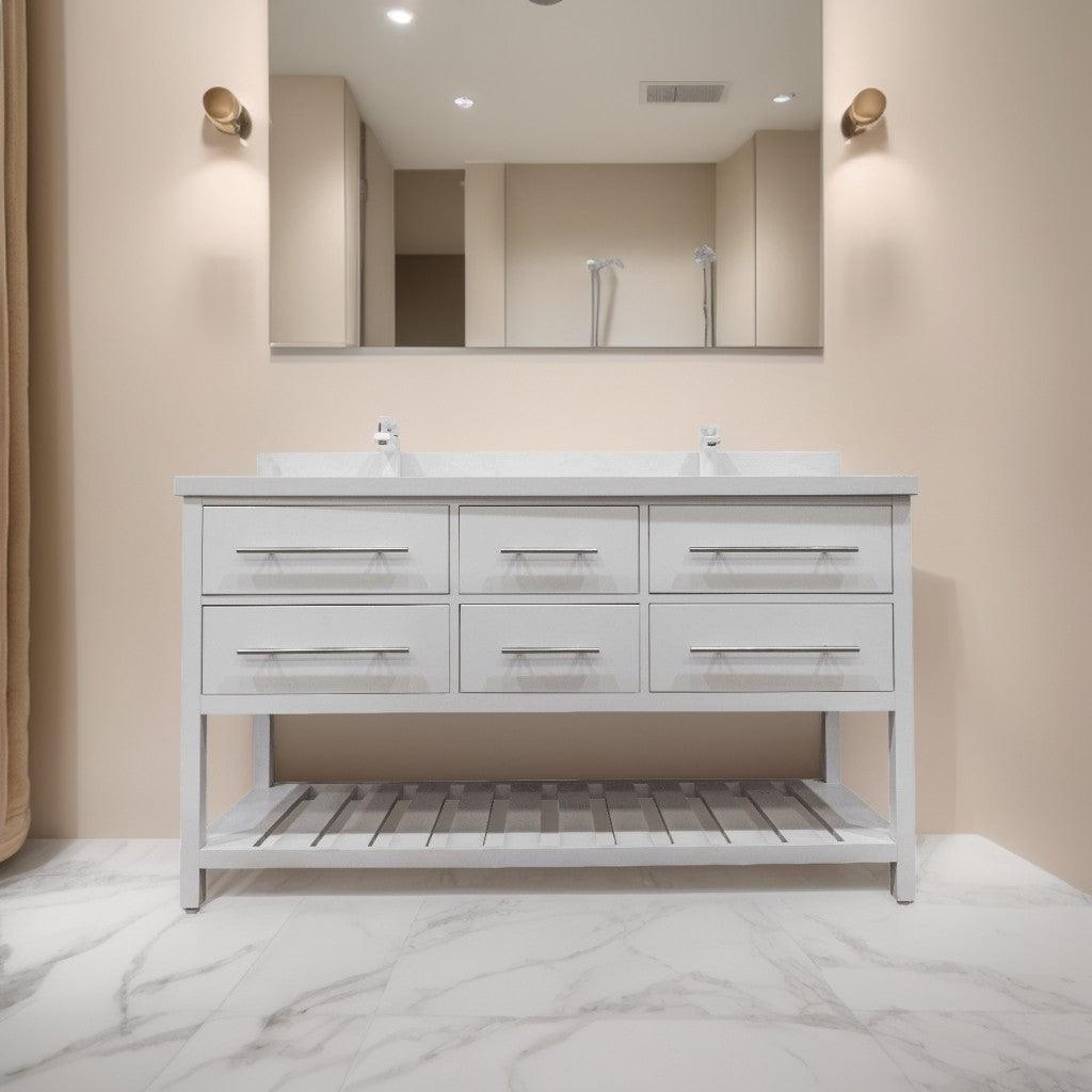 60" White Freestanding Double Sink Bathroom Vanity with White Quartz Countertop Fiory – Image 1