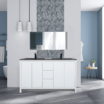 60" Glossy White Freestanding Double Sink Bathroom Vanity with Black Engineered Quartz Countertop