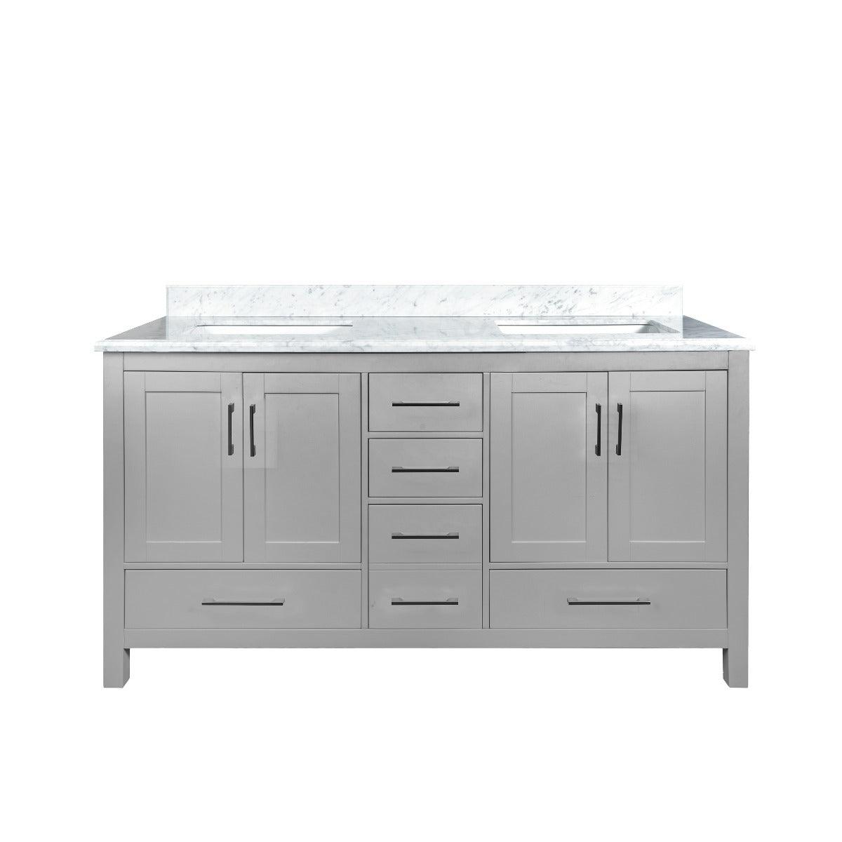 60" Light Grey Freestanding Double Sink Bathroom Vanity with Carrera Marble Countertop – Image 2