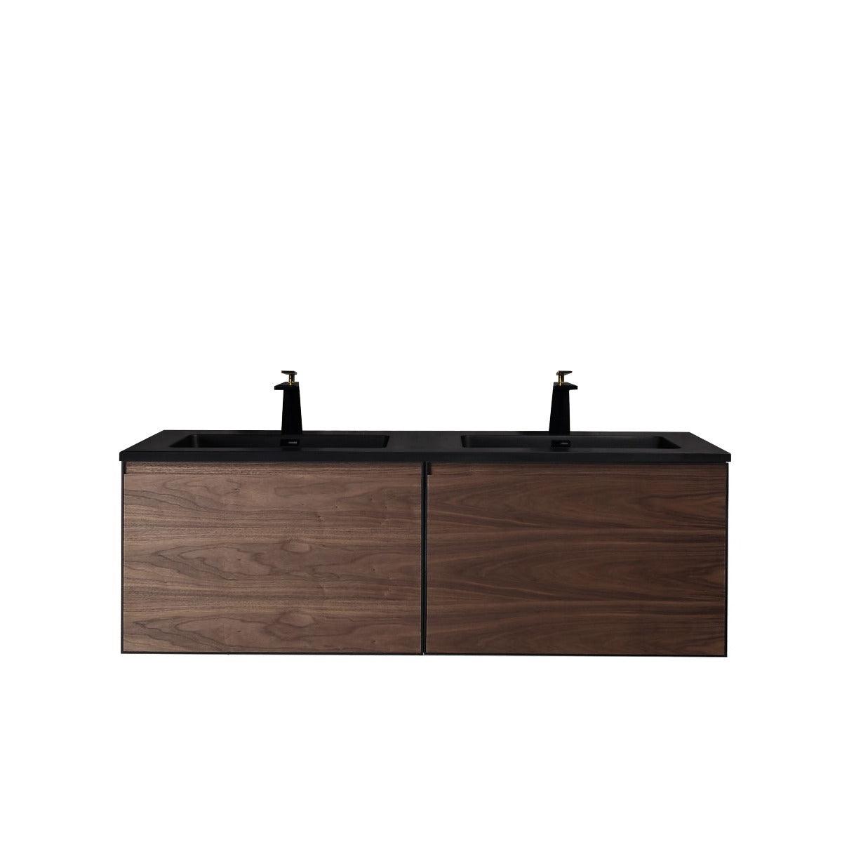 60" Walnut Wall Mount Double Sink Bathroom Vanity with Black Engineered Quartz Countertop - Image 2