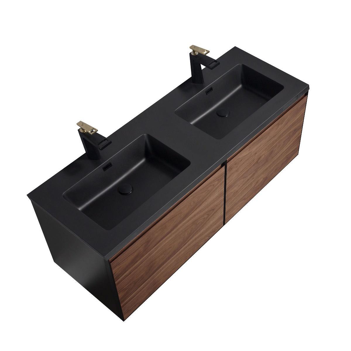 60" Walnut Wall Mount Double Sink Bathroom Vanity with Black Engineered Quartz Countertop - Image 3