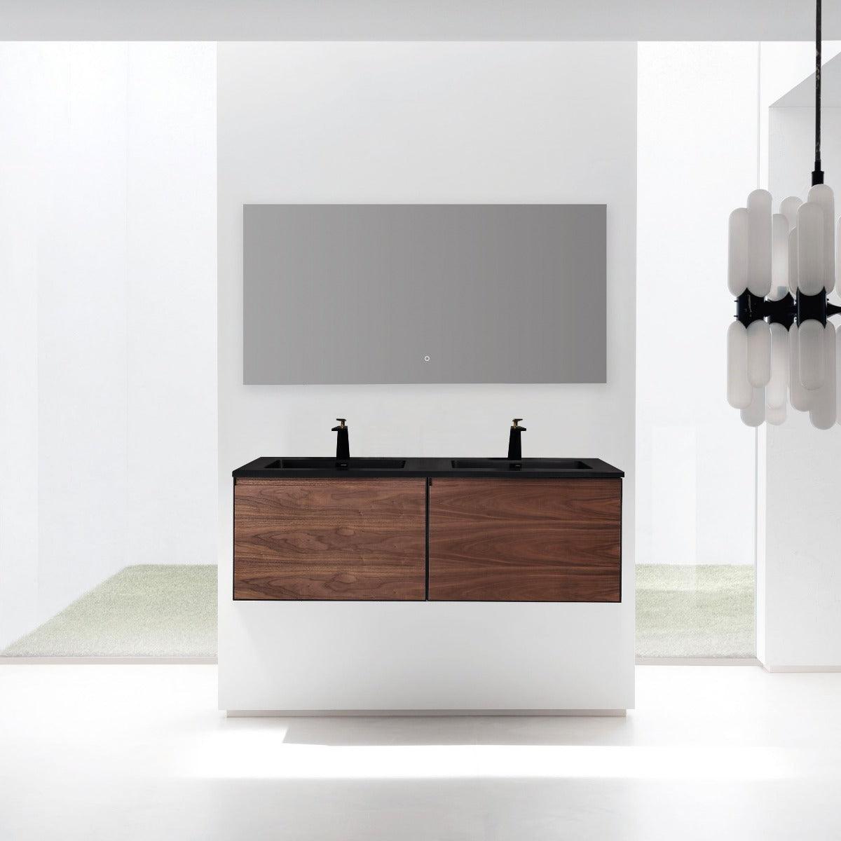 60" Walnut Wall Mount Double Sink Bathroom Vanity with Black Engineered Quartz Countertop - Image 4