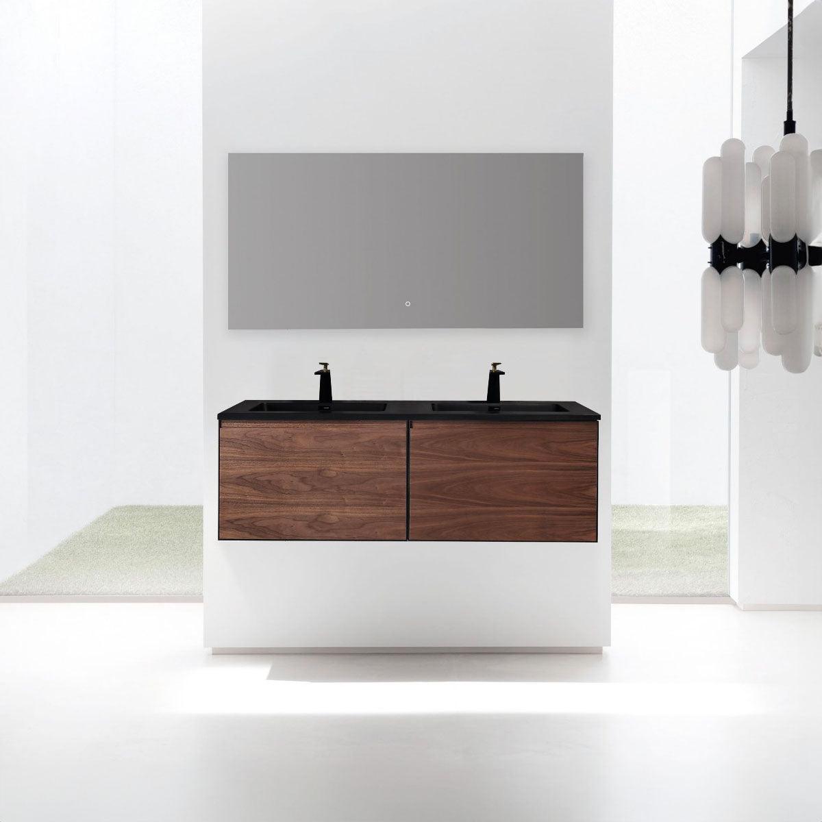 60" Walnut Wall Mount Double Sink Bathroom Vanity with Black Engineered Quartz Countertop - Image 1