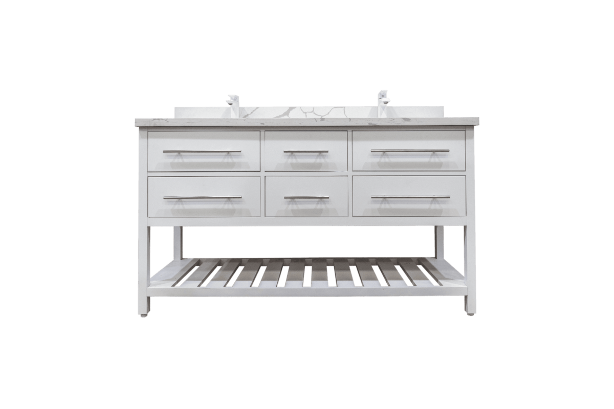 60" White Freestanding Double Sink Bathroom Vanity with Calcutta Quartz Countertop Fiory - Image 2