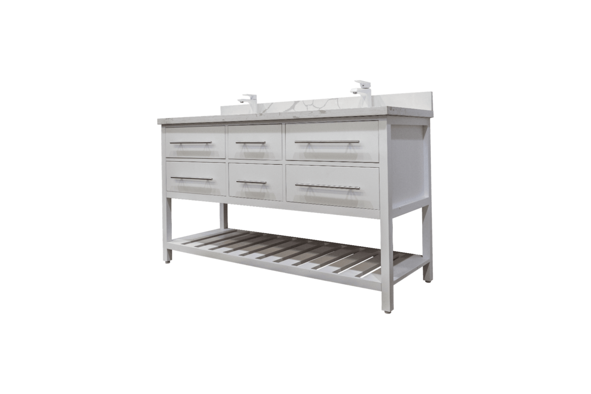 60" White Freestanding Double Sink Bathroom Vanity with Calcutta Quartz Countertop Fiory - Image 3