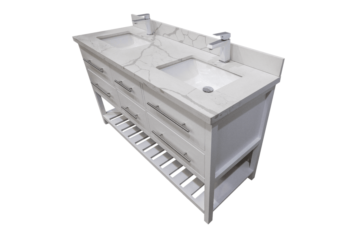 60" White Freestanding Double Sink Bathroom Vanity with Calcutta Quartz Countertop Fiory - Image 4