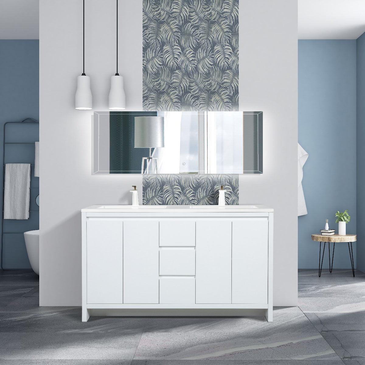 60" Glossy White Freestanding Double Sink Bathroom Vanity with White Polymarble Countertop – Image 1