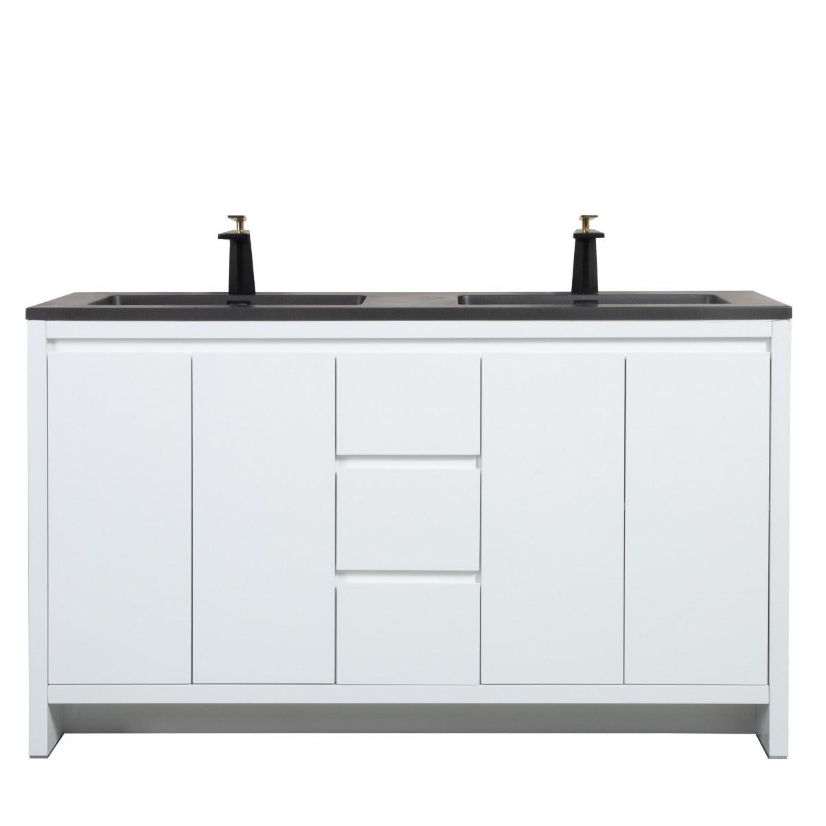 60" Glossy White Freestanding Double Sink Bathroom Vanity with Black Engineered Quartz Countertop - Image 2