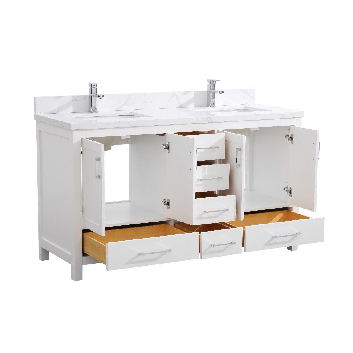 60" White Freestanding Double Sink Bathroom Vanity with Calcutta Quartz Countertop - Image 5