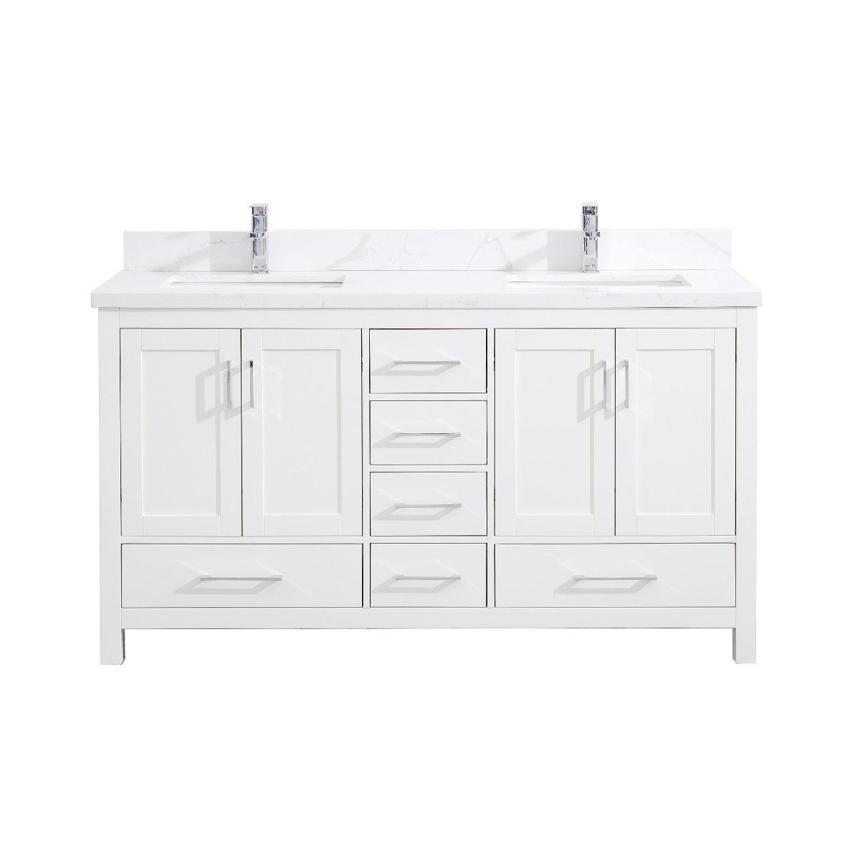 60" White Freestanding Double Sink Bathroom Vanity with Calcutta Quartz Countertop - Image 4