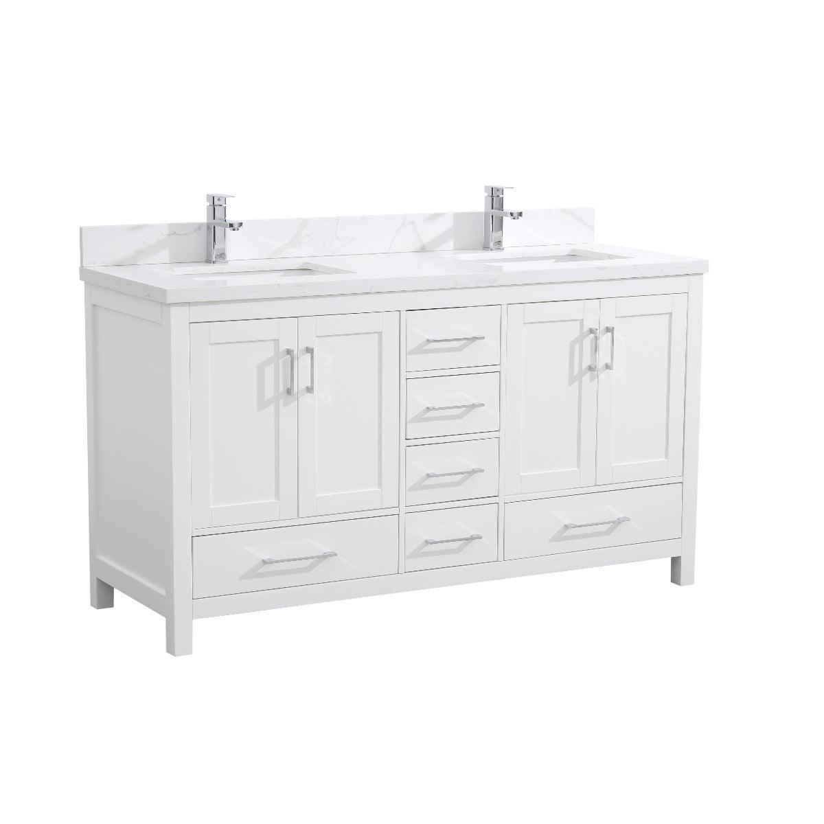 60" White Freestanding Double Sink Bathroom Vanity with Calcutta Quartz Countertop - Image 3