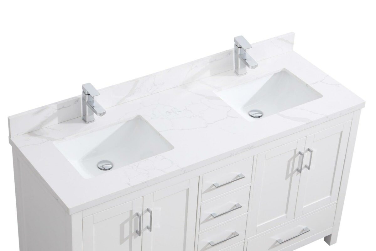 60" White Freestanding Double Sink Bathroom Vanity with Calcutta Quartz Countertop - Image 6