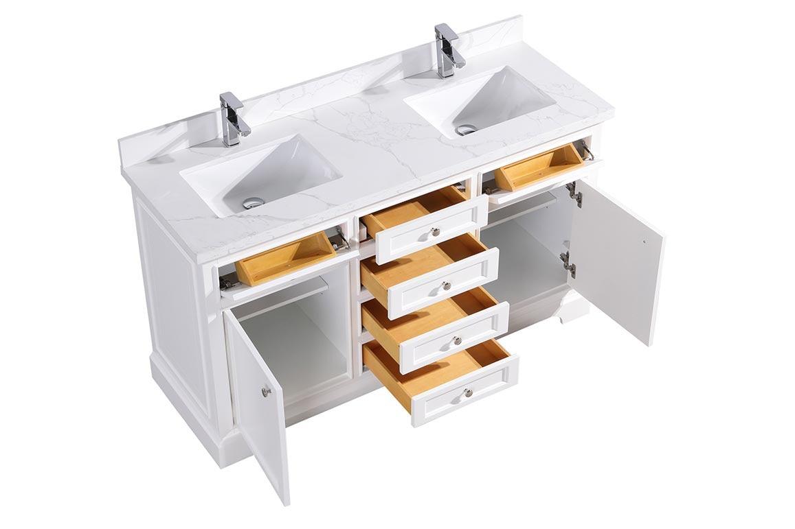 60" White Freestanding Double Sink Bathroom Vanity with Calcutta Quartz Countertop - Image 3