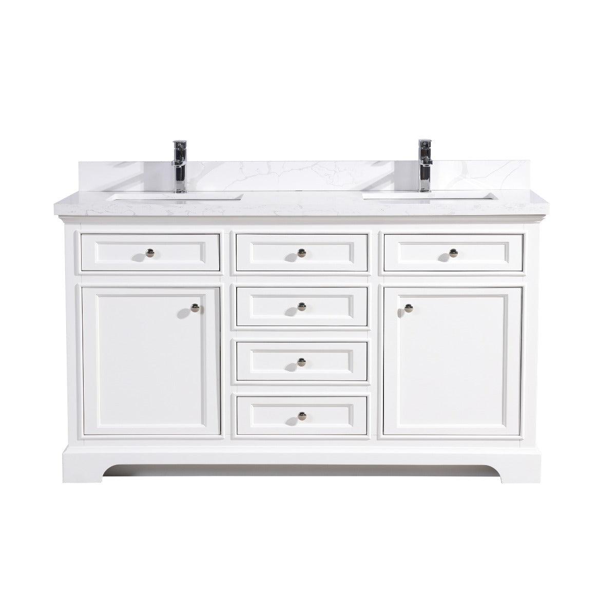 60" White Freestanding Double Sink Bathroom Vanity with Calcutta Quartz Countertop - Image 2