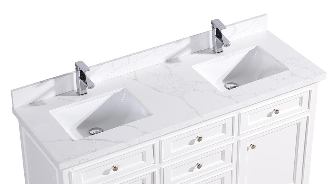 60" White Freestanding Double Sink Bathroom Vanity with Calcutta Quartz Countertop - Image 7
