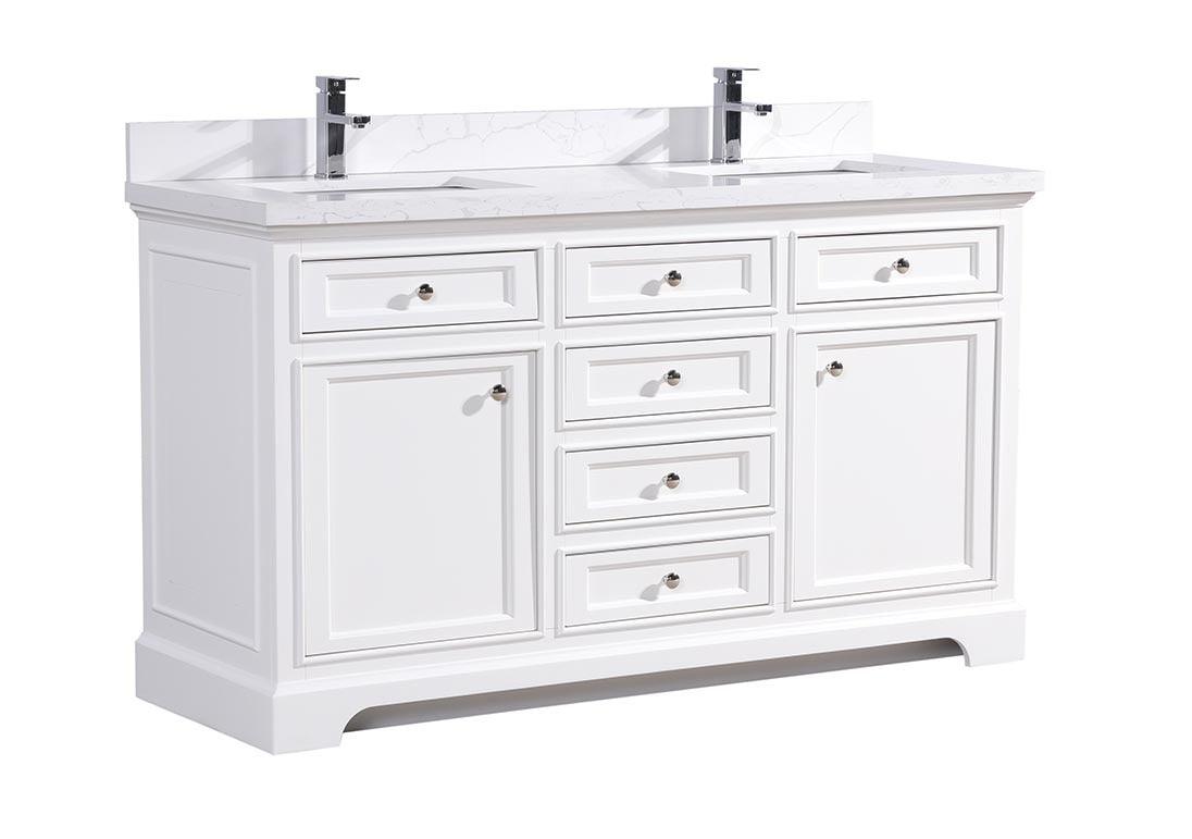 60" White Freestanding Double Sink Bathroom Vanity with Calcutta Quartz Countertop - Image 4
