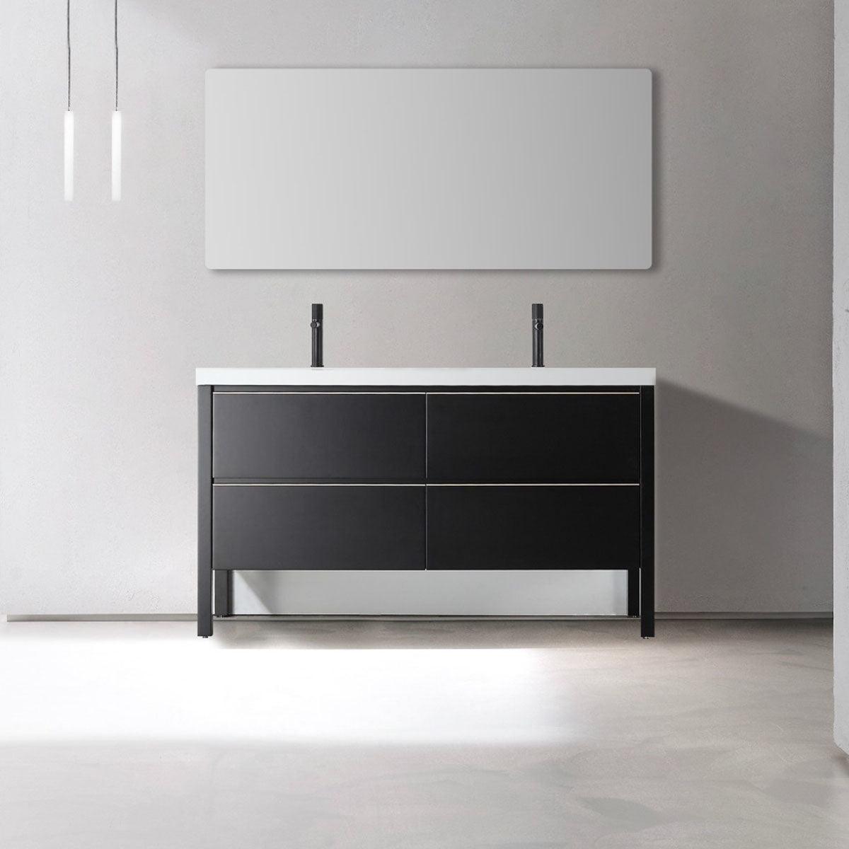 60" Black Freestanding Double Sink Bathroom Vanity with White Quartz Countertop - Image 1