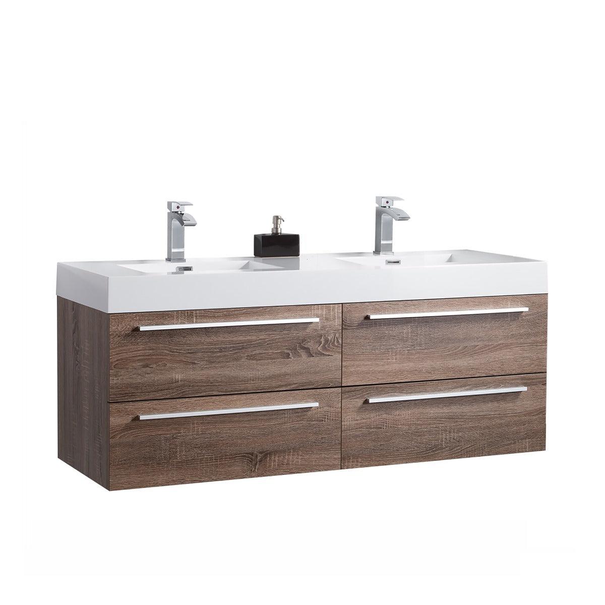60" Soft Oak Wall Mount Double Sink Bathroom Vanity with White Polymarble Countertop Sofia – Image 3
