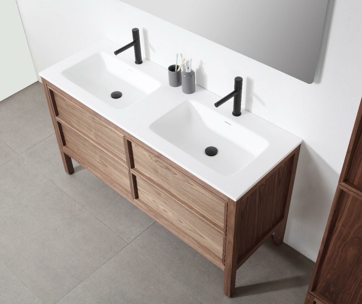 60" Natural Walnut Freestanding Double Sink Bathroom Vanity with White Solid Surface Countertop Vista - Image 7