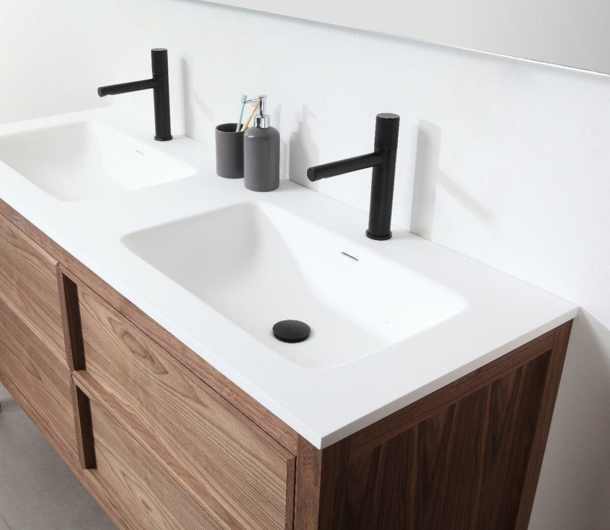 60" Natural Walnut Freestanding Double Sink Bathroom Vanity with White Solid Surface Countertop Vista - Image 8