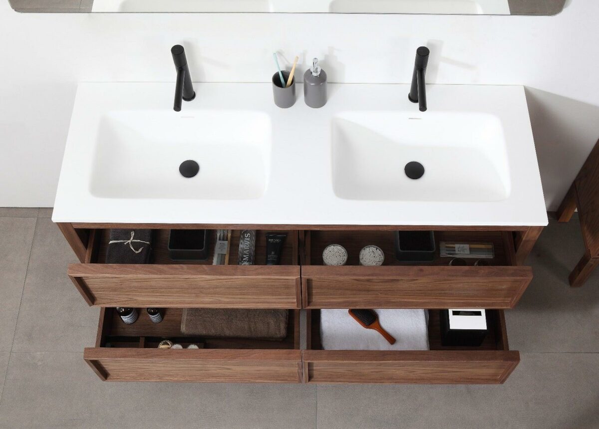 60" Natural Walnut Freestanding Double Sink Bathroom Vanity with White Solid Surface Countertop Vista - Image 5