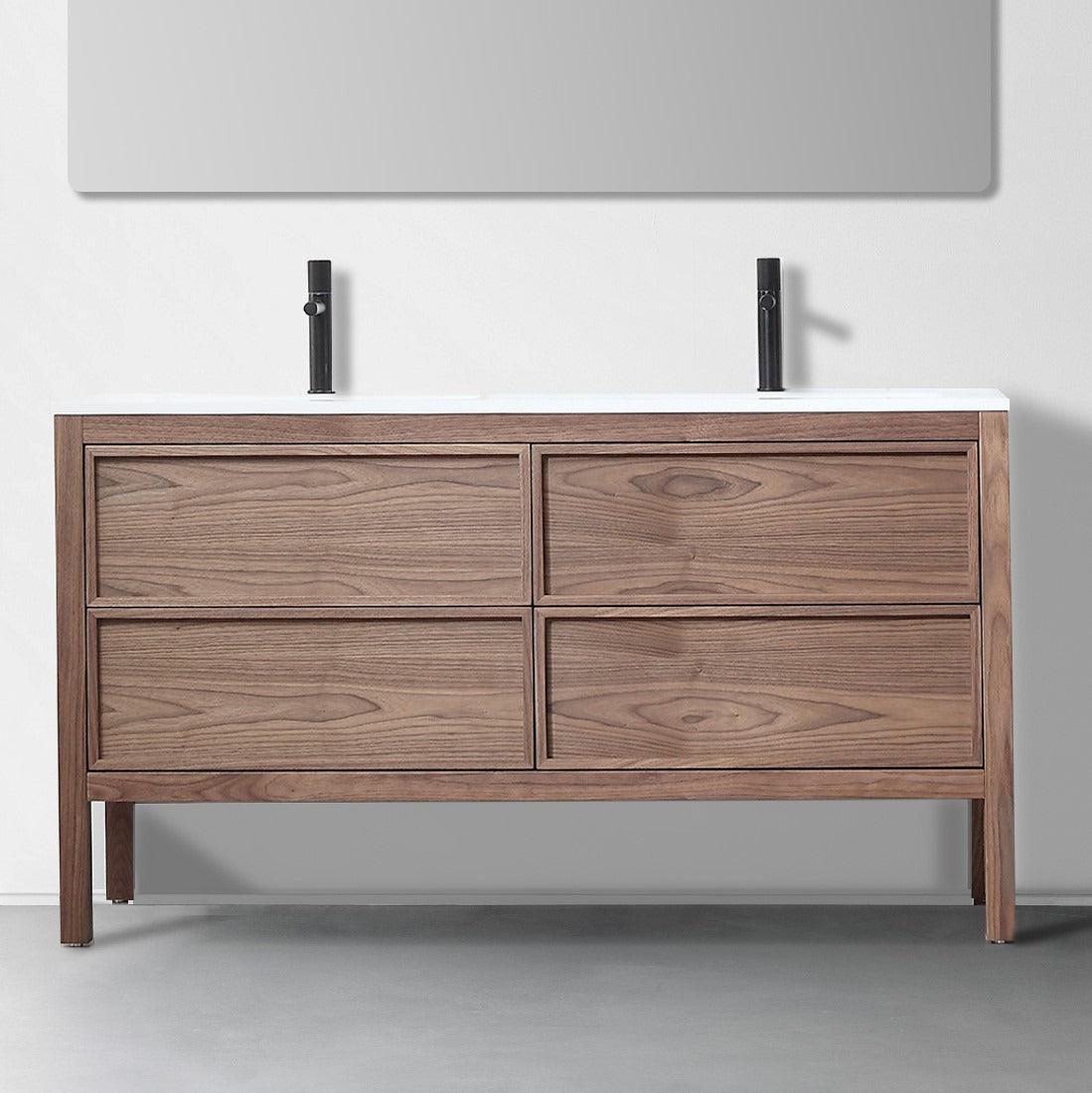 60" Natural Walnut Freestanding Double Sink Bathroom Vanity with White Solid Surface Countertop Vista – Image 2