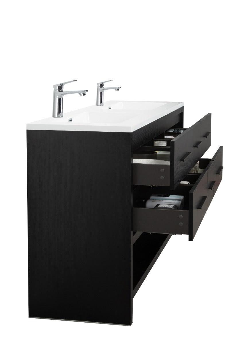 72" Black Rough Oak Freestanding Double Sink Bathroom Vanity with White Polymarble Countertop – Image 7