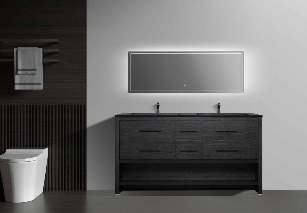 72" Black Rough Oak Freestanding Bathroom Vanity with Black Engineered Quartz Countertop - Image 2