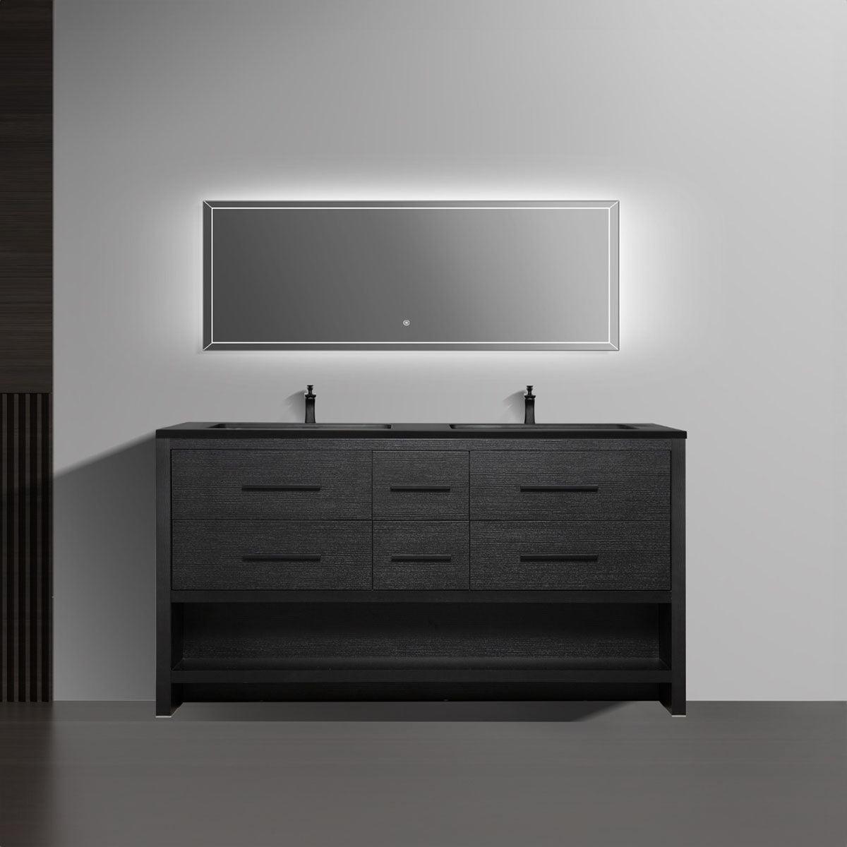 72" Black Rough Oak Freestanding Bathroom Vanity with Black Engineered Quartz Countertop – Image 1