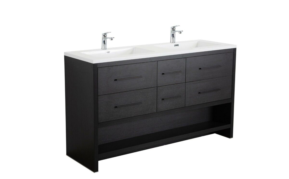 72" Black Rough Oak Freestanding Double Sink Bathroom Vanity with White Polymarble Countertop - Image 3