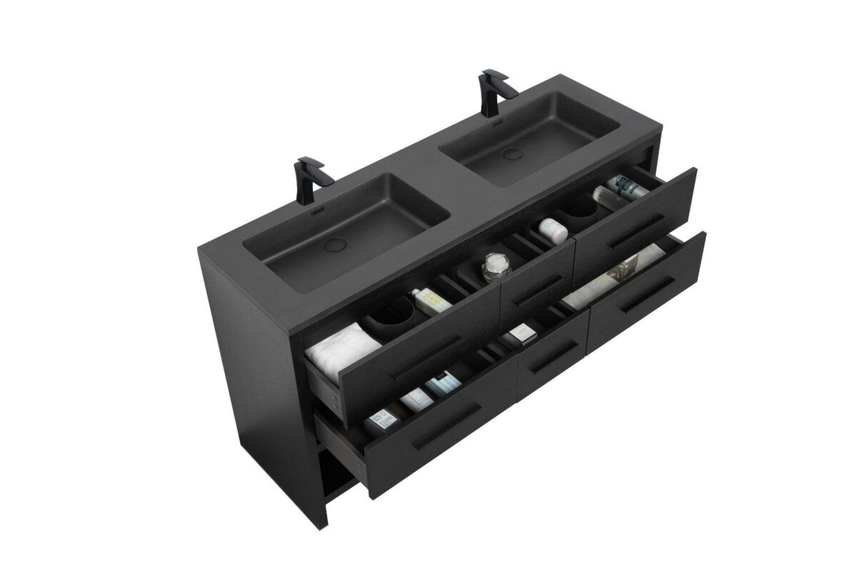 72" Black Rough Oak Freestanding Bathroom Vanity with Black Engineered Quartz Countertop - Image 6