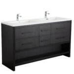 72" Black Rough Oak Freestanding Double Sink Bathroom Vanity with White Polymarble Countertop - Image 2
