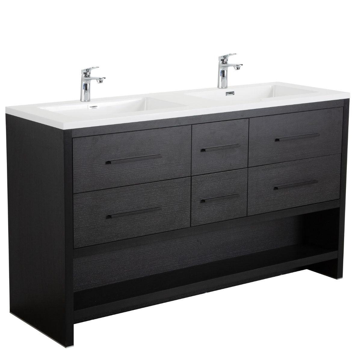 72" Black Rough Oak Freestanding Double Sink Bathroom Vanity with White Polymarble Countertop – Image 2