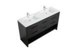 72" Black Rough Oak Freestanding Double Sink Bathroom Vanity with White Polymarble Countertop - Image 4