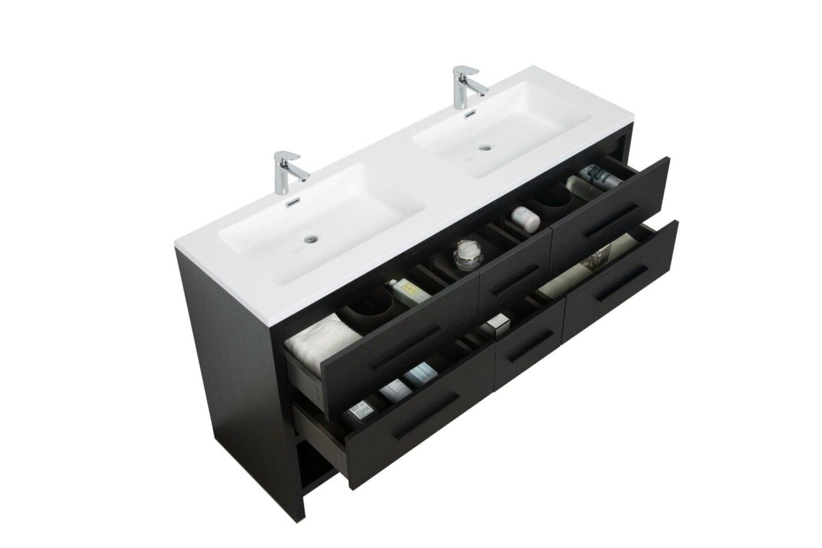 72" Black Rough Oak Freestanding Double Sink Bathroom Vanity with White Polymarble Countertop - Image 5