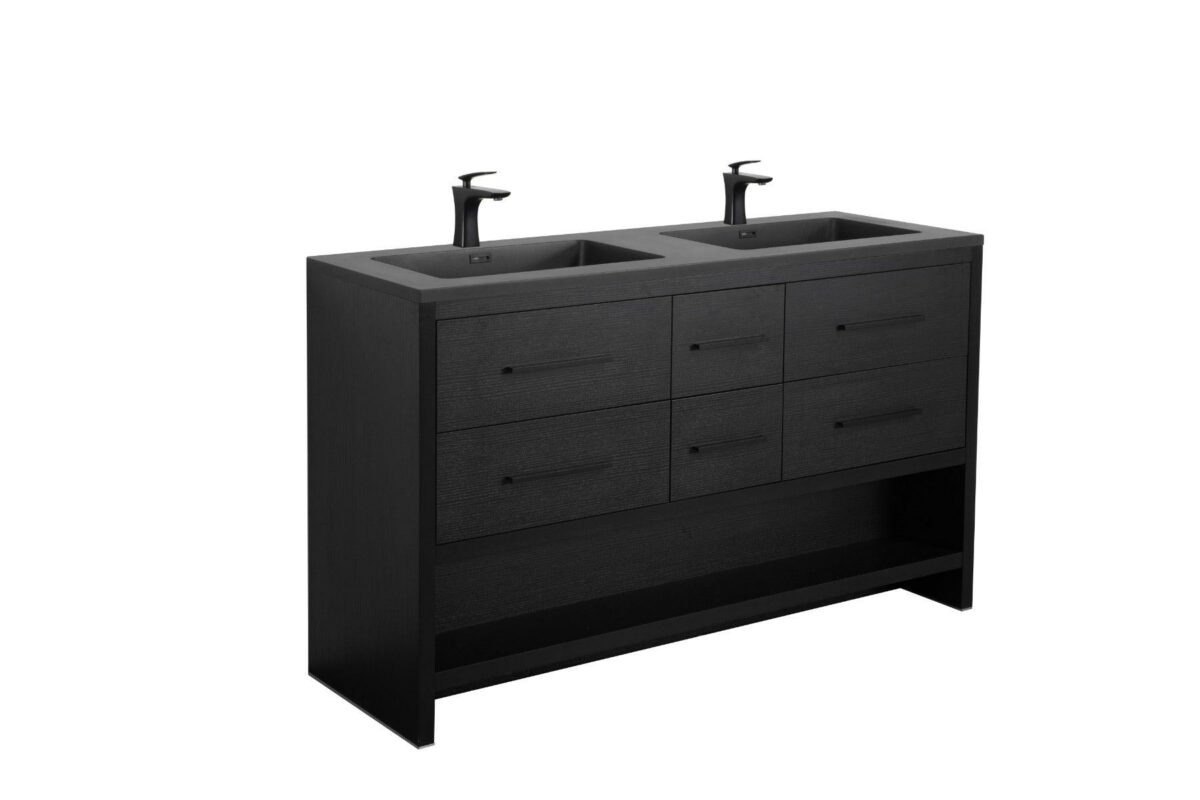 72" Black Rough Oak Freestanding Bathroom Vanity with Black Engineered Quartz Countertop - Image 4