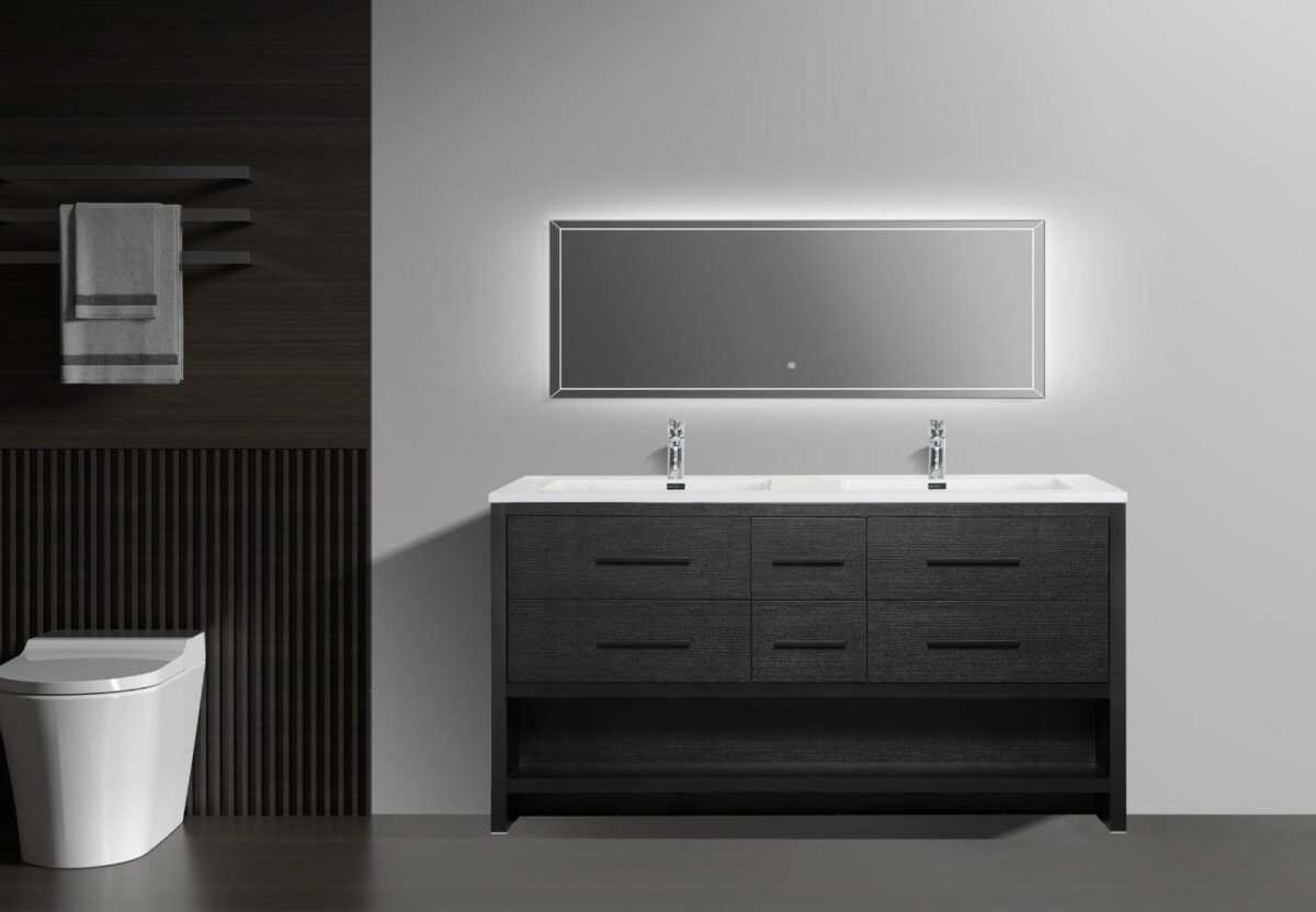 72" Black Rough Oak Freestanding Double Sink Bathroom Vanity with White Polymarble Countertop - Image 6