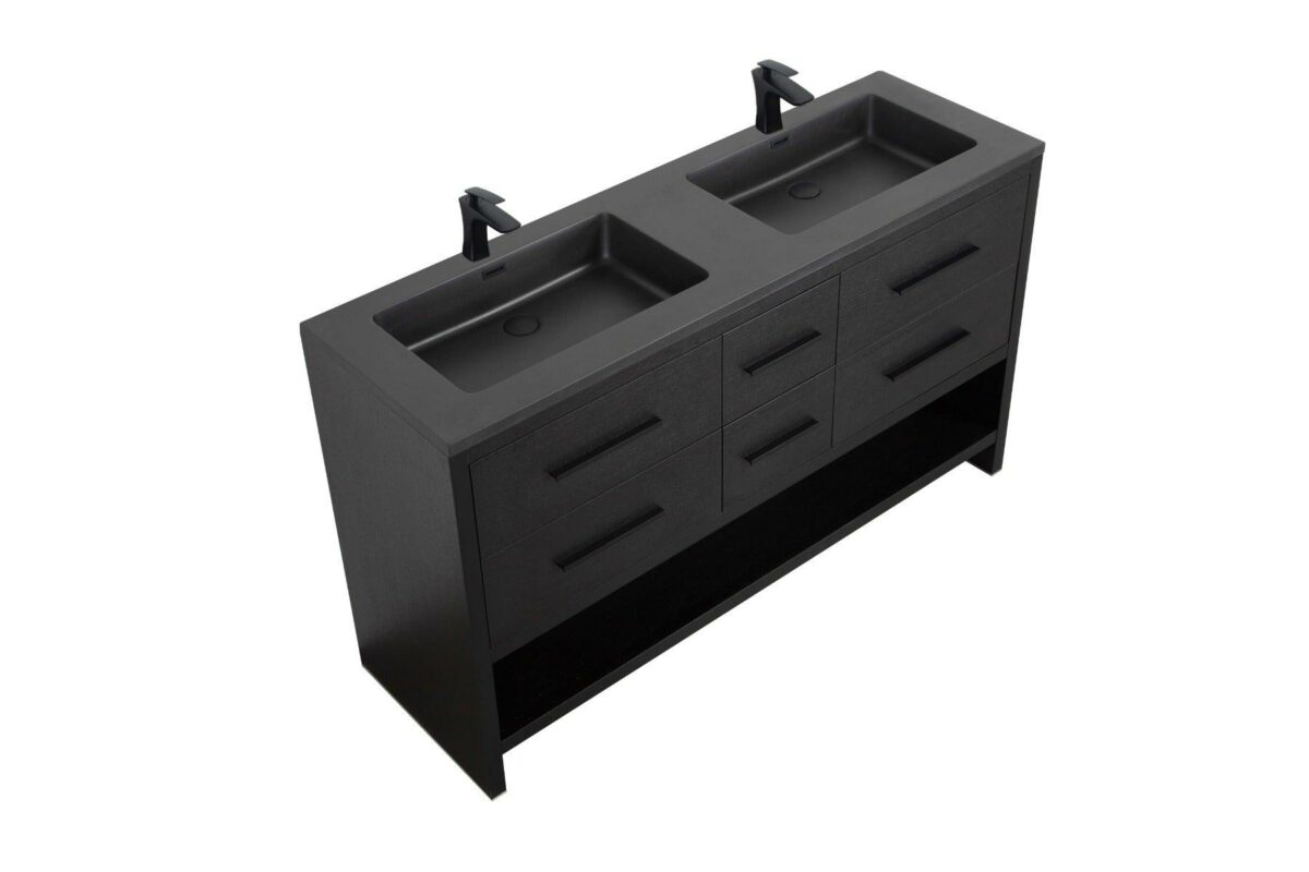 72" Black Rough Oak Freestanding Bathroom Vanity with Black Engineered Quartz Countertop - Image 5