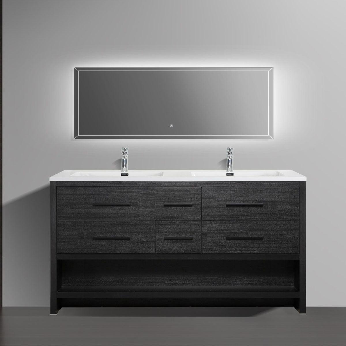 72" Black Rough Oak Freestanding Double Sink Bathroom Vanity with White Polymarble Countertop - Image 1