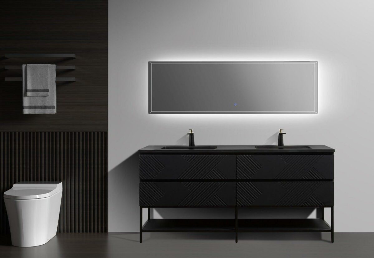 72" Black Wall Mount Double Sink Bathroom Vanity with Black Engineered Quartz Countertop & Open Shelf - Image 2